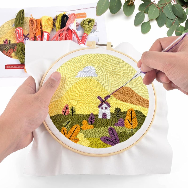 ERKOON Punch Needle Kit Adults Beginners, DIY Easy Landscapes Embroidery Set for Starter Art Craft, Needling Punch Project with Patterns, Tools, Yarns, Hoop, Instruction (Fall) - Image 5